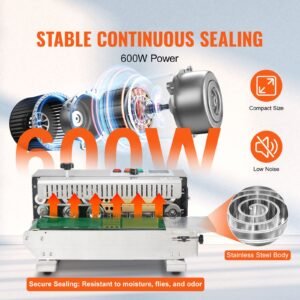 continuous bag band sealing machine, 0.24 0.47 in/6 12 mm seal width, horizontal band sealer machine with digital temperature control, stainless steel bag sealer for 0.02 0.8 mm plastic bag film