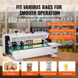 continuous bag band sealing machine, 0.24 0.47 in/6 12 mm seal width, horizontal band sealer machine with digital temperature control, stainless steel bag sealer for 0.02 0.8 mm plastic bag film