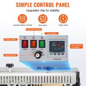 continuous bag band sealing machine, 0.24 0.47 in/6 12 mm seal width, horizontal band sealer machine with digital temperature control, stainless steel bag sealer for 0.02 0.8 mm plastic bag film