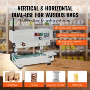 continuous bag band sealing machine, 0.24 0.47 in/6 12 mm seal width, vertical band sealer machine with digital temperature control, carbon steel bag sealer for 0.02 0.8 mm plastic bags films