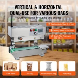 continuous bag band sealing machine, 0.24 0.47 in/6 12 mm seal width, vertical band sealer machine with digital temperature control, stainless steel bag sealer for 0.02 0.8 mm plastic bags films