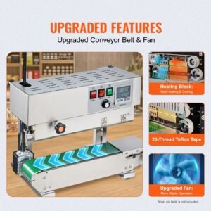 continuous bag band sealing machine, 0.24 0.47 in/6 12 mm seal width, vertical band sealer machine with digital temperature control, stainless steel bag sealer for 0.02 0.8 mm plastic bags films