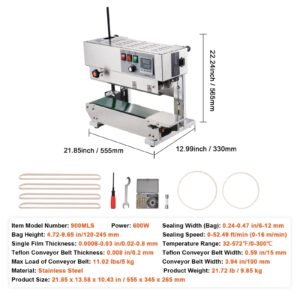 continuous bag band sealing machine, 0.24 0.47 in/6 12 mm seal width, vertical band sealer machine with digital temperature control, stainless steel bag sealer for 0.02 0.8 mm plastic bags films