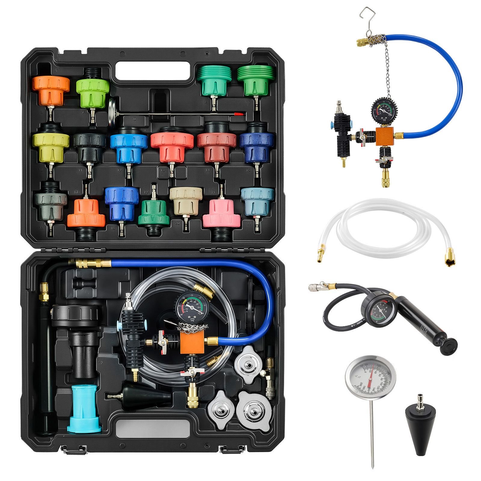 coolant pressure tester kit, 47pcs radiator vacuum refill kit with 3 metal adapters, universal fit, automotive cooling system pressure tester tool, with pressures pump & aluminum plastic filler