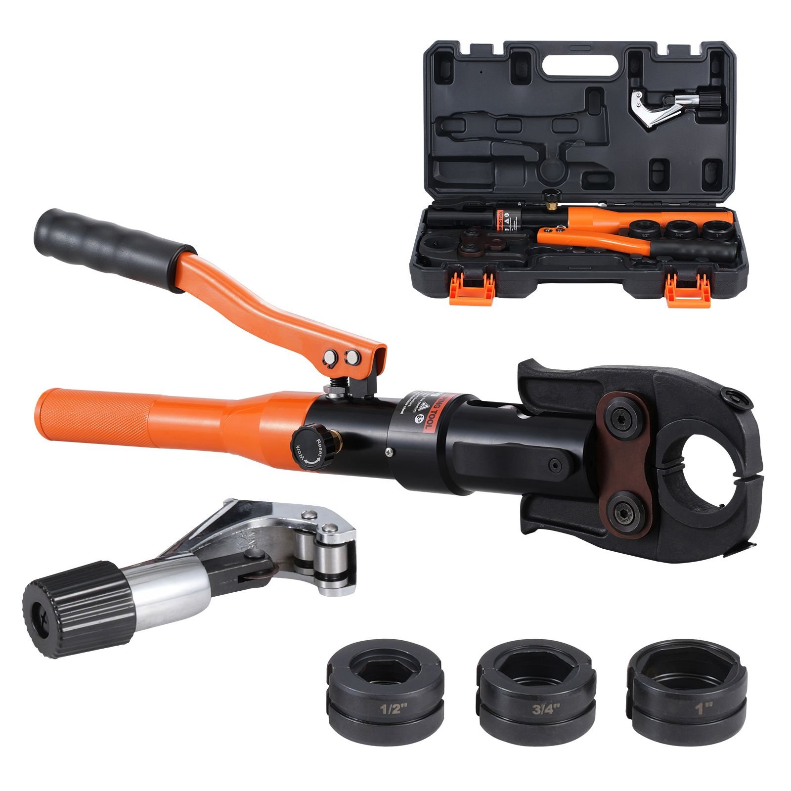 copper pipe crimping tool, hydraulic driven press tool with 1/2", 3/4", 1" jaws, copper tube fittings pipe crimpers for narrow spaces and tee fittings