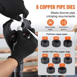 copper pipe crimping tool, hydraulic driven press tool with 1/2", 3/4", 1" jaws for copper pipe and 3/8", 1/2", 5/8", 3/4", 1" jaws for astm f1807 pex pipe copper ring
