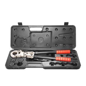 copper press tool tube fittings crimping kit, pro press crimper with 1/2", 3/4", 1" quick change jaws, 360° rotatable crimp tool & locking pin, extendable handle, meet astm b88 and b75 standard