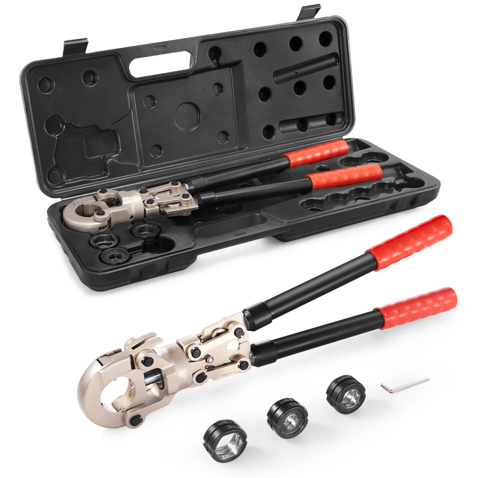 copper press tool tube fittings crimping kit, pro press crimper with 1/2", 3/4", 1" quick change jaws, 360° rotatable crimp tool & locking pin, extendable handle, meet astm b88 and b75 standard