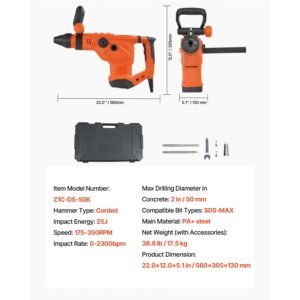 corded hammer drill, 1600w 175 350rpm electric demolition drills, 2 inch sds max rotary hammer driver, 3 functions chipping power tool kit for concrete, drilling wood plastic