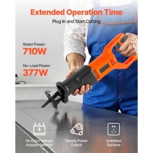 corded reciprocating saw, 120 volt 6 amp, 3000 spm variable speed, 3/4 inch stroke length, electric reciprocating saw with 8 blades and carrying bag, for wood, metal, and plastic cutting