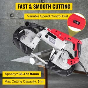 cordless band saw, 5 inch cut capacity, variable speed, handheld, 10a motor, for metal, wood, tubing, pipes, rebar, plastic