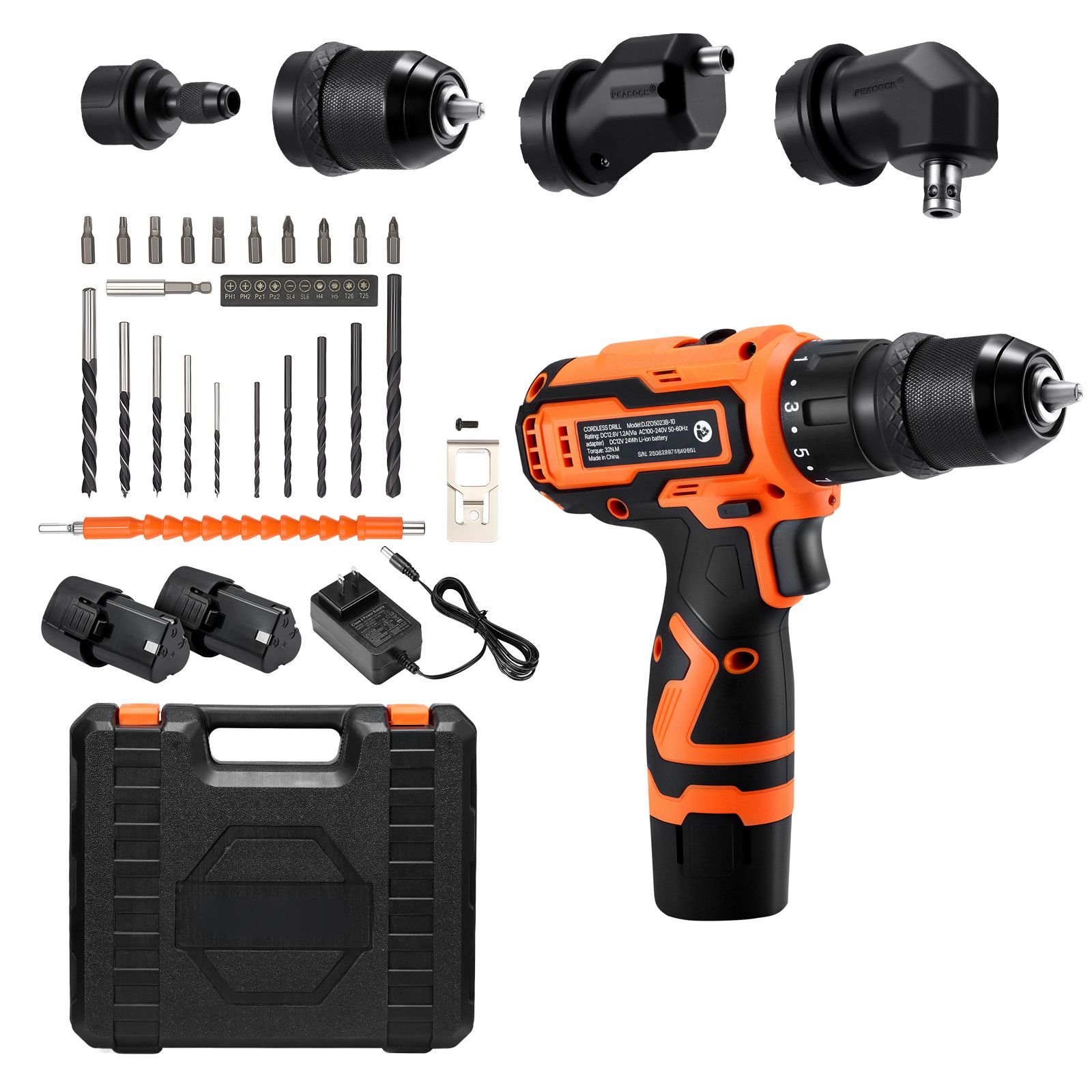 cordless drill driver, 5 in 1, metal chuck, dual speed variable, drill driver kit with 2 lithium batteries and charger, tool box, for wood and metal drilling, screw tightening or loosening