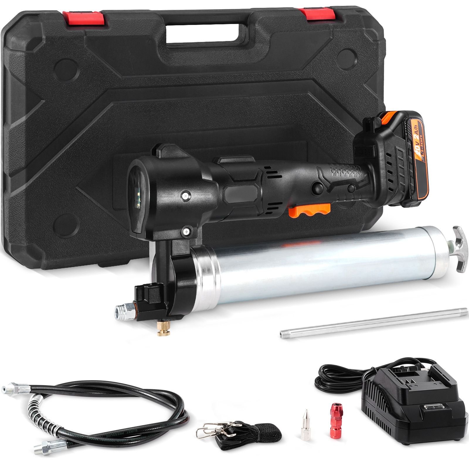 cordless grease gun, 20 volt, 10,000 psi, 39" long hose, electric grease gun kit professional high pressure battery powered grease gun with carrying case, battery and charger included, black