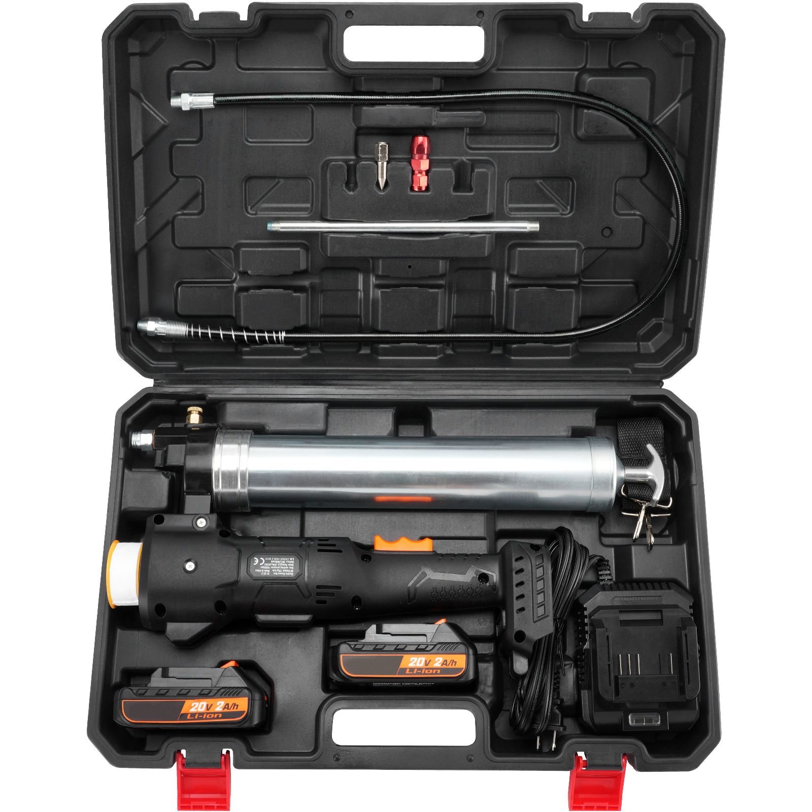 cordless grease gun, 20 volt, 10,000 psi, 39" long hose, electric grease gun kit professional high pressure battery powered grease gun with carrying case, two batteries & charger included, black