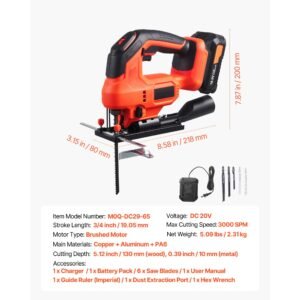 cordless jig saw, 20 v, 3000 spm blade speed, cordless jigsaw with battery and charger, led light, 6 variable speed, 0 45° bevel cuts, with 6 pcs blades, 4 orbital settings, for wood, metal