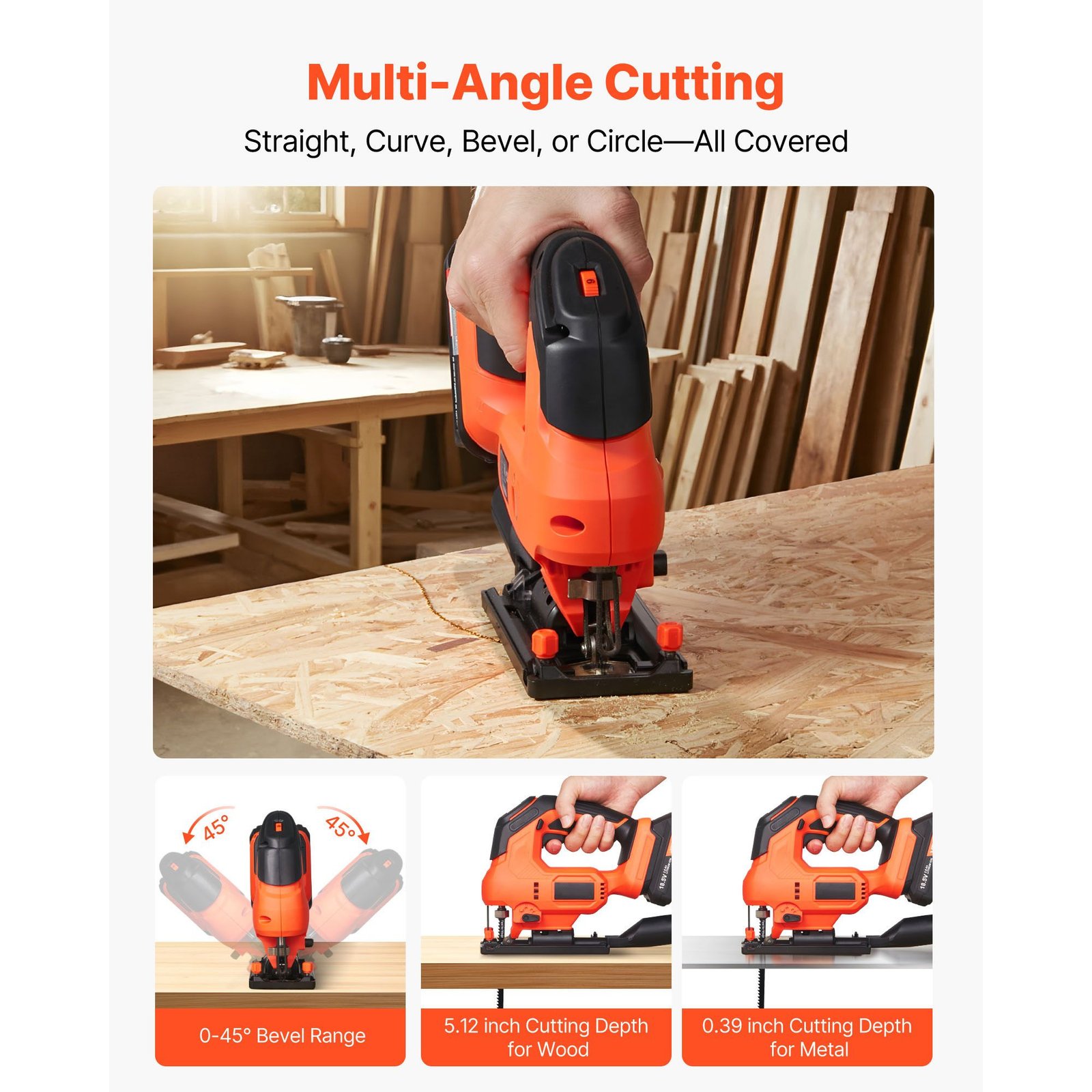cordless jig saw, 20 v, 3000 spm blade speed, cordless jigsaw with battery and charger, led light, 6 variable speed, 0 45° bevel cuts, with 6 pcs blades, 4 orbital settings, for wood, metal