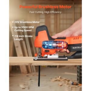 cordless jig saw, 20 v brushless motor, 3500 spm blade speed, cordless jigsaw with 6 pcs blades, led light, 6 variable speed, 0 45° bevel cuts, 4 orbital settings for straight/circle cutting