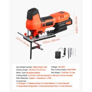 cordless jig saw, 20 v brushless motor, 3500 spm blade speed, cordless jigsaw with 6 pcs blades, led light, 6 variable speed, 0 45° bevel cuts, 4 orbital settings for straight/circle cutting