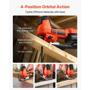 cordless jig saw, 20 v brushless motor, 3500 spm blade speed, cordless jigsaw with 6 pcs blades, led light, 6 variable speed, 0 45° bevel cuts, 4 orbital settings for straight/circle cutting