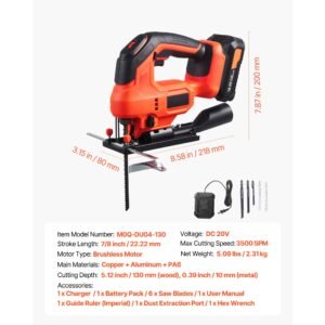 cordless jig saw, 20 v brushless motor, 3500 spm blade speed, cordless jigsaw with 6 pcs blades, led light, 6 variable speed, 0 45° bevel cuts, 4 orbital settings, for wood and metal cutting