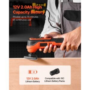 cordless oscillating tool, 12v multitool oscillating saw tool with 6 variable speeds 6000 17500 opm, 3.2° oscillation angle, 2.0ah battery pack & charger, 8pcs saw accessories & led work light