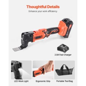 cordless oscillating tool, 20v oscillating multi tool kit with 6 variable speeds 8500 17000 opm, 3.2° oscillation angle, 2.0ah battery pack & charger, 12pcs saw accessories & led work light