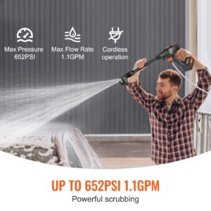 cordless pressure washer, 652 psi 1.1 gpm portable power cleaner, handheld high pressure car washer gun with 4.0ah battery, charger, 6 in 1 nozzle, for home/floor cleaning & watering