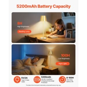 cordless table lamp, 2 pack, 5200mah built in rechargeable battery desk lamp, stepless dimming up, 3 adjustable heights, detachable lampshade for bottle, restaurant, bedroom, outdoor, gold