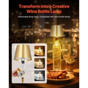 cordless table lamp, 2 pack, 5200mah built in rechargeable battery desk lamp, stepless dimming up, 3 adjustable heights, detachable lampshade for bottle, restaurant, bedroom, outdoor, gold