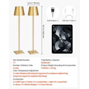 cordless table lamp, 2 pack, 5200mah built in rechargeable battery desk lamp, stepless dimming up, 3 adjustable heights, detachable lampshade for bottle, restaurant, bedroom, outdoor, gold
