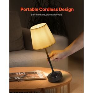 cordless table lamp, 5200mah built in rechargeable battery desk lamp, 3 level brightness, fabric shade, 2700 3000k color temperature, table light for restaurant, bedroom, bar counter, black