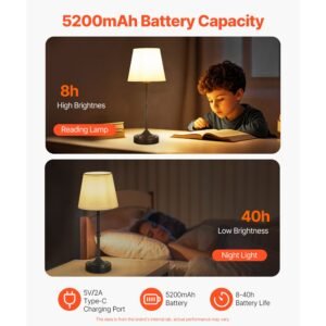 cordless table lamp, 5200mah built in rechargeable battery desk lamp, 3 level brightness, fabric shade, 2700 3000k color temperature, table light for restaurant, bedroom, bar counter, black