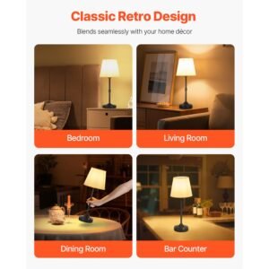 cordless table lamp, 5200mah built in rechargeable battery desk lamp, 3 level brightness, fabric shade, 2700 3000k color temperature, table light for restaurant, bedroom, bar counter, black