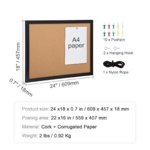 cork board, 24 x 18 inches, double sided bulletin board with mdf sticker frame, vision board includes 10 pushpins, for display and decoration in office home and school