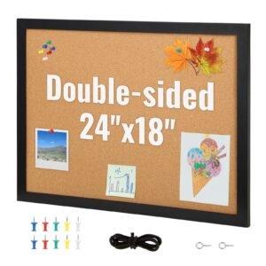 cork board, 24 x 18 inches, double sided bulletin board with mdf sticker frame, vision board includes 10 pushpins, for display and decoration in office home and school