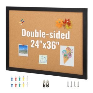 Cork Board, 36x24 inches Bulletin Board with MDF Sticker Frame, Vision Board Includes 10 Pushpins, for Display and Decoration in Office Home and School