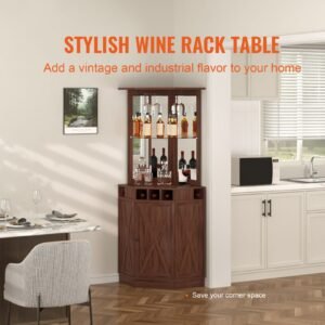 corner industrial bar cabinet, wine table for liquor & glasses, sideboard buffet cabinet with glass holder, freestanding farmhouse wood coffee bar cabinet for living room, home bar, black walnut