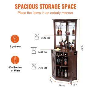 corner industrial bar cabinet, wine table for liquor & glasses, sideboard buffet cabinet with glass holder, freestanding farmhouse wood coffee bar cabinet for living room, home bar, black walnut