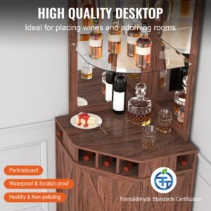 corner industrial bar cabinet, wine table for liquor & glasses, sideboard buffet cabinet with glass holder, freestanding farmhouse wood coffee bar cabinet for living room, home bar, black walnut