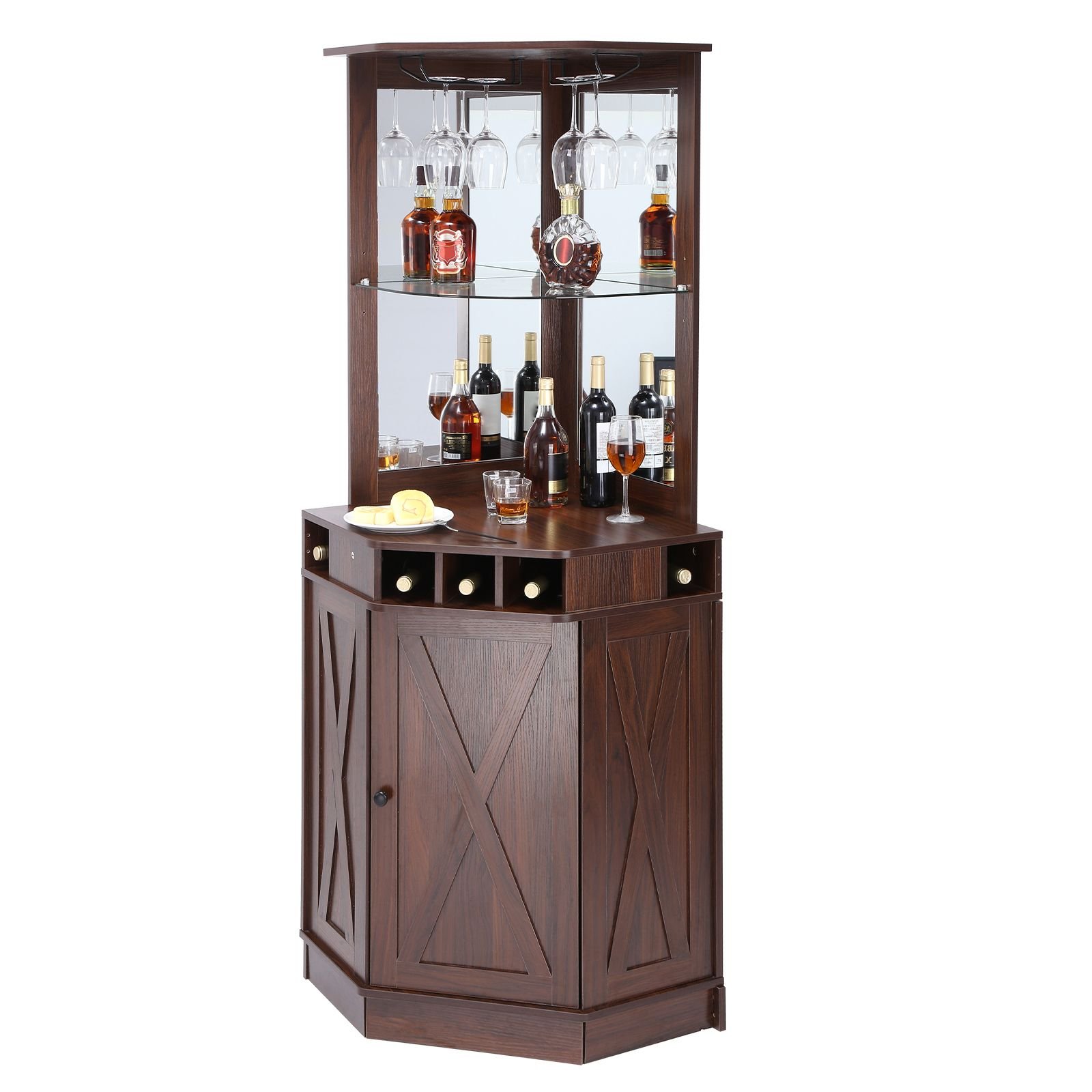corner industrial bar cabinet, wine table for liquor & glasses, sideboard buffet cabinet with glass holder, freestanding farmhouse wood coffee bar cabinet for living room, home bar, black walnut
