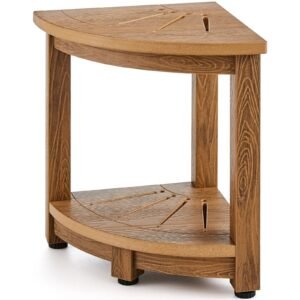 corner shower bench, 16.5" height 12.8" radius, faux wood grain polystyrene, 350 lbs with storage shelf, water resistant, shower stool for inside & outside shower, for bathroom, living room