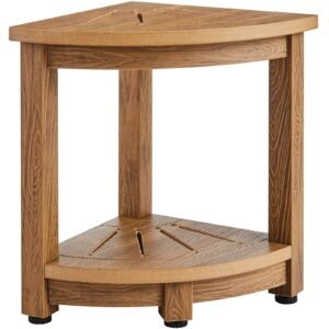 corner shower bench, 16.5" height 12.8" radius, faux wood grain polystyrene, 350 lbs with storage shelf, water resistant, shower stool for inside & outside shower, for bathroom, living room