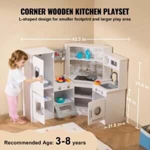 corner wooden play kitchen, toy set with lights and sounds, toddler kitchen with ice maker, oven, sink, clock, microwaves, refrigerator and accessories, for toddlers, preschoolers, white