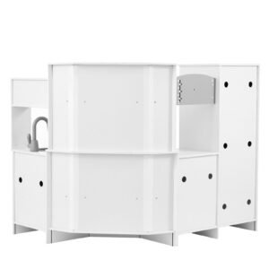 Corner Wooden Play Kitchen, Toy Set with Lights and Sounds, Toddler Kitchen with Ice Maker, Oven, Sink, Clock, Microwaves, Refrigerator and Accessories, for Toddlers, Preschoolers, White