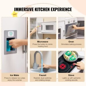 corner wooden play kitchen, toy set with lights and sounds, toddler kitchen with ice maker, oven, sink, clock, microwaves, refrigerator and accessories, for toddlers, preschoolers, white