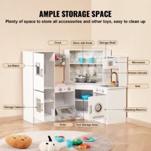 corner wooden play kitchen, toy set with lights and sounds, toddler kitchen with ice maker, oven, sink, clock, microwaves, refrigerator and accessories, for toddlers, preschoolers, white