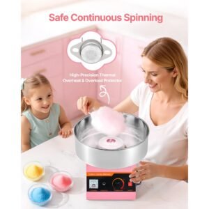cotton candy machine commercial, 1000w electric candy floss maker, easy use with 15 inch stainless steel bowl and sugar scoop, makes hard candy for home kids birthday, family party, pink