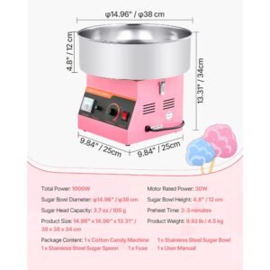 cotton candy machine commercial, 1000w electric candy floss maker, easy use with 15 inch stainless steel bowl and sugar scoop, makes hard candy for home kids birthday, family party, pink