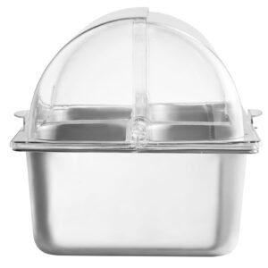 Countertop Food Serving Display Container, 4 Pan Stainless Steel Food Serving Tray, Buffet Condiment Dispenser Display Rack with Clear Lid & 3 Freezer Boxes, for Restaurant Hotel Kitchen Party