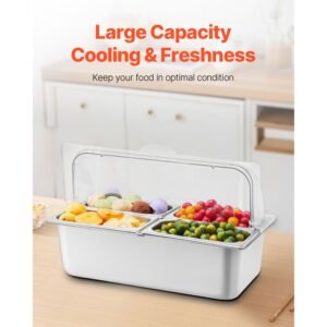 countertop food serving display container, 4 pan stainless steel food serving tray, buffet condiment dispenser display rack with clear lid & 3 freezer boxes, for restaurant hotel kitchen party